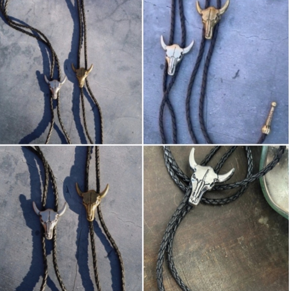 New Western longhorn steer bull Skull bolo tie Choose Silver Gold Or Bronze